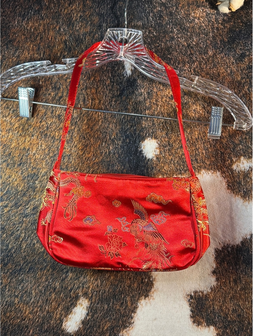 Red Satin Embroidered Shoulder Bag with Asian-Inspired Design